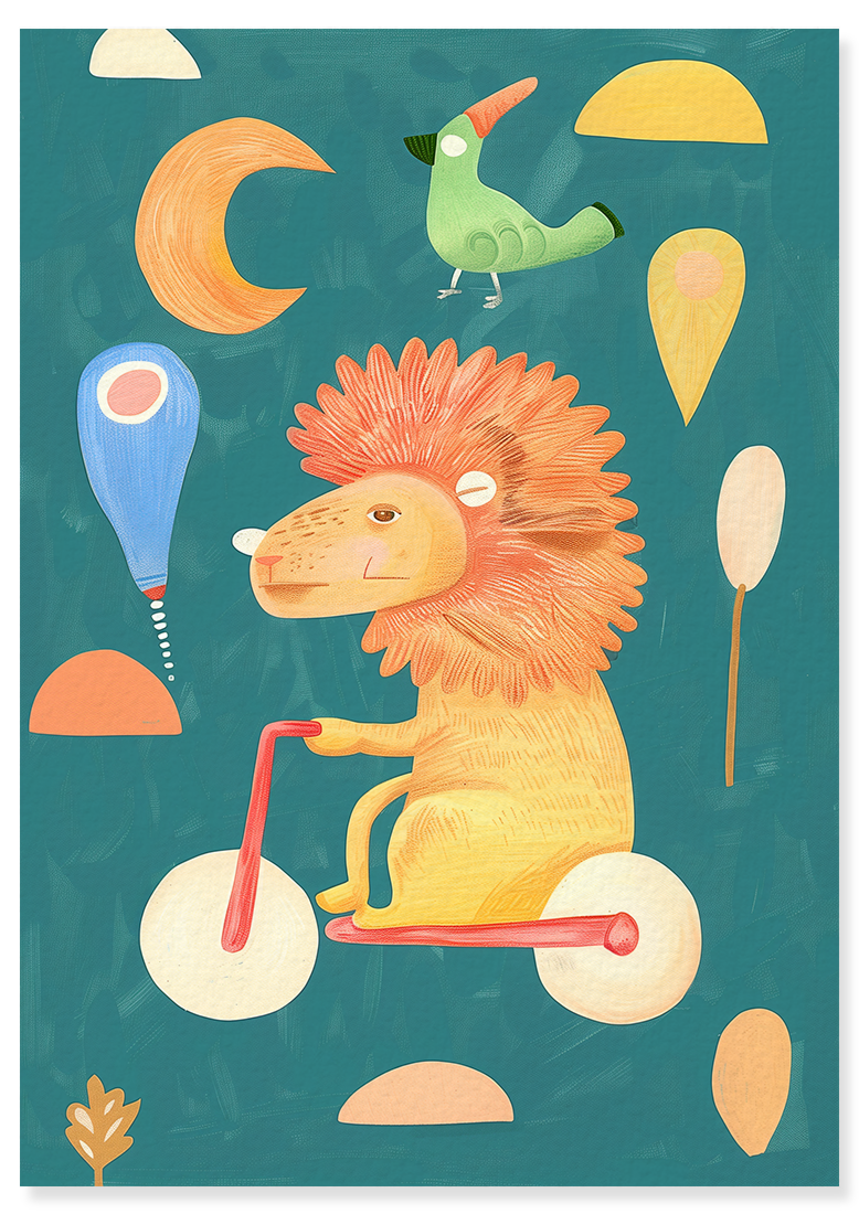Affiche déco chambre bébé enfant - Trottinette lion C - beige vert
