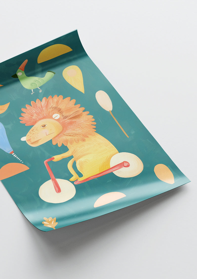 Affiche déco chambre bébé enfant - Trottinette lion C - beige vert