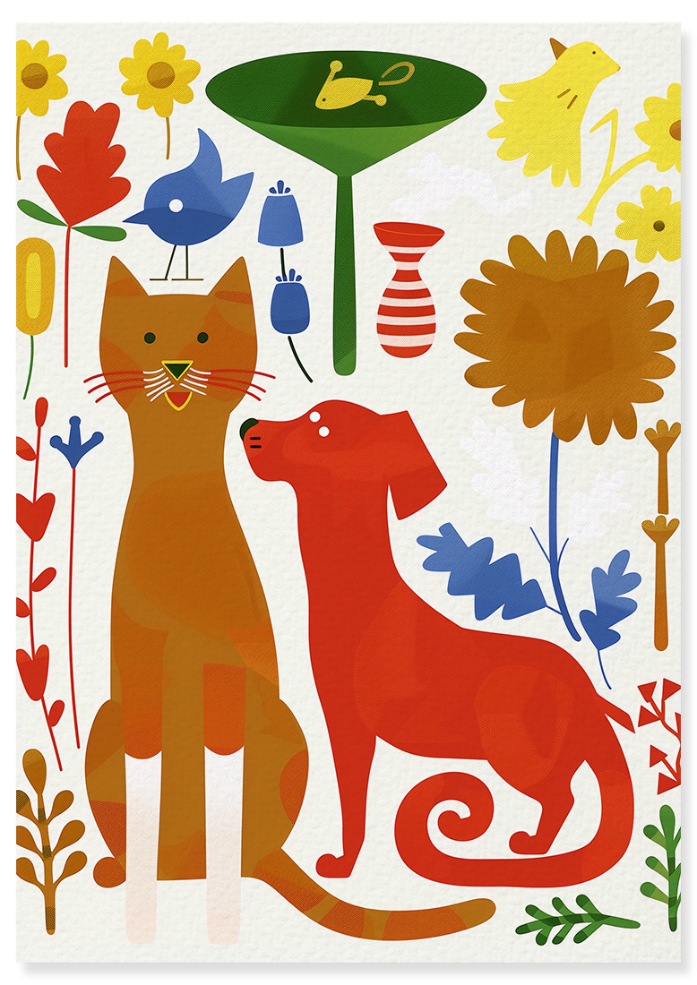 Affiche déco chambre bébé enfant - Chien chat collage A - rouge beige