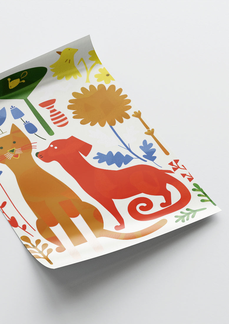 Affiche déco chambre bébé enfant - Chien chat collage A - rouge beige
