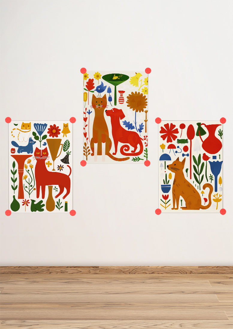 Affiche déco chambre bébé enfant - Chien chat collage A - rouge beige