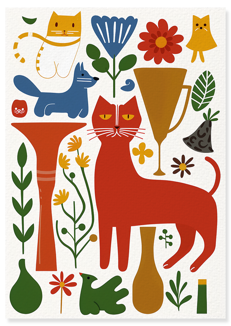 Affiche déco chambre bébé enfant - Chien chat collage B - rouge beige