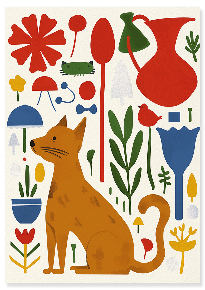 Affiche déco chambre bébé enfant - Chien chat collage C - rouge beige