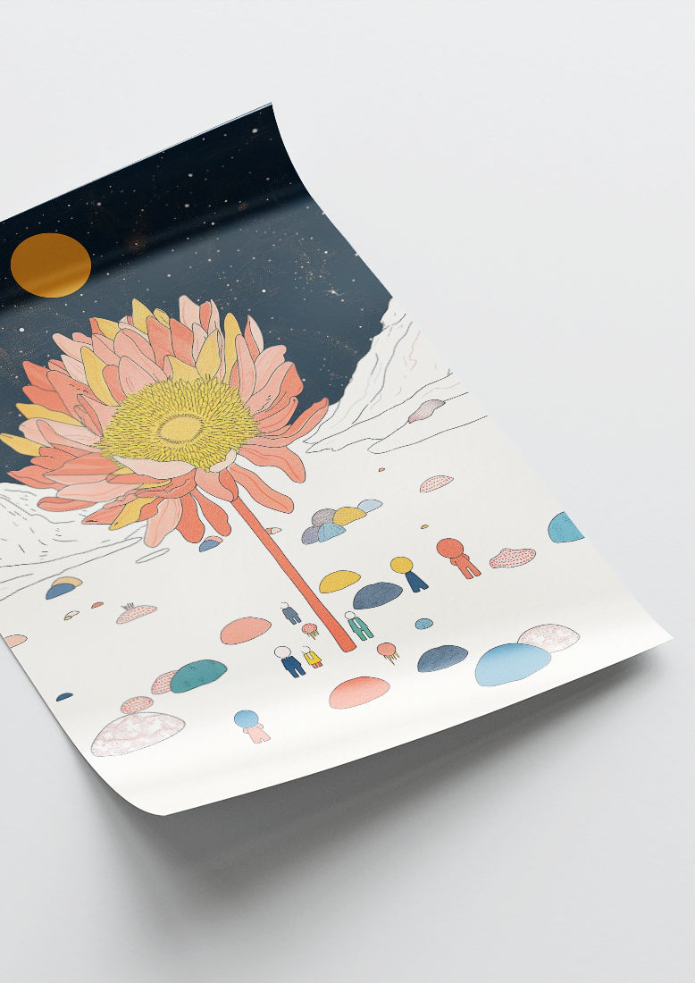 Affiche déco chambre bébé enfant - Fleur orange C - bleu orange