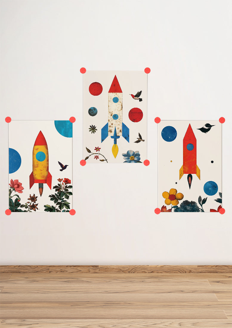 Affiche déco chambre bébé enfant - Fusée jungle A - rouge bleu