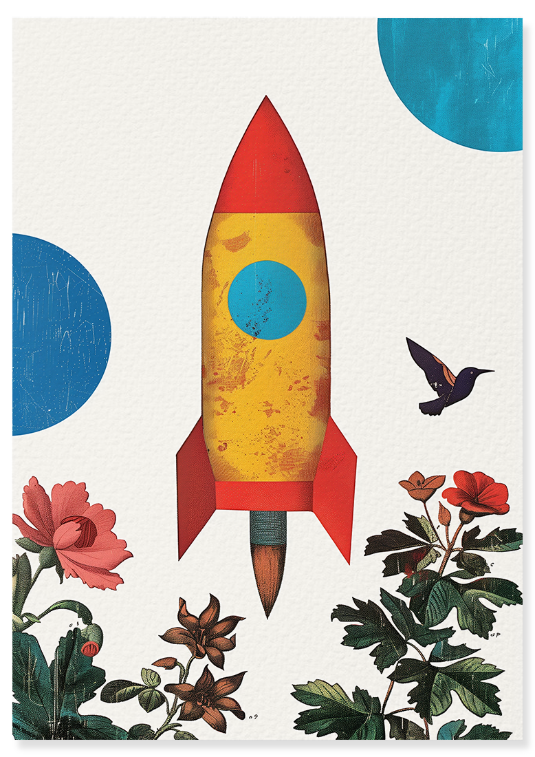 Affiche déco chambre bébé enfant - Fusée jungle B - jaune bleu