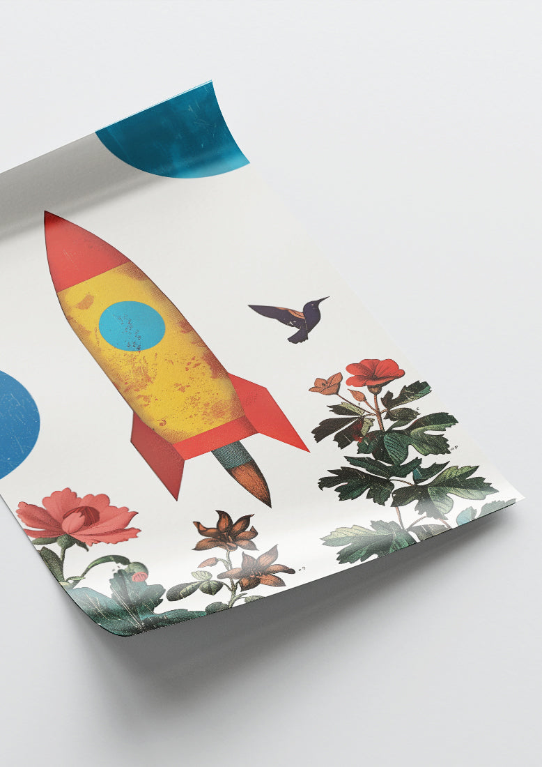 Affiche déco chambre bébé enfant - Fusée jungle B - jaune bleu