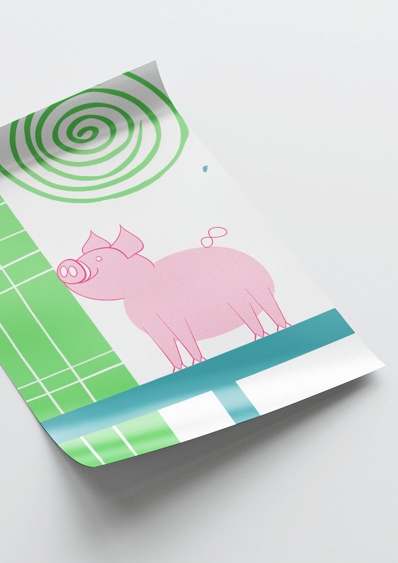 Affiche déco chambre bébé enfant - Cochon école B - vert rose