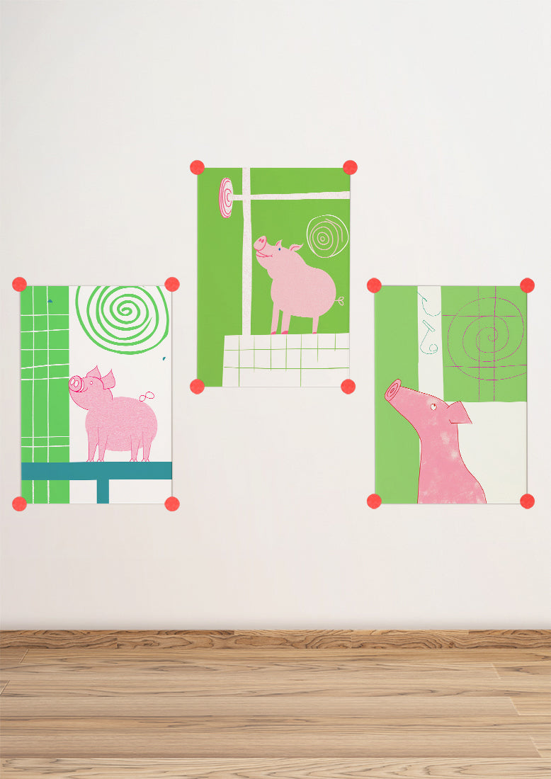 Affiche déco chambre bébé enfant - Cochon école C - vert rose