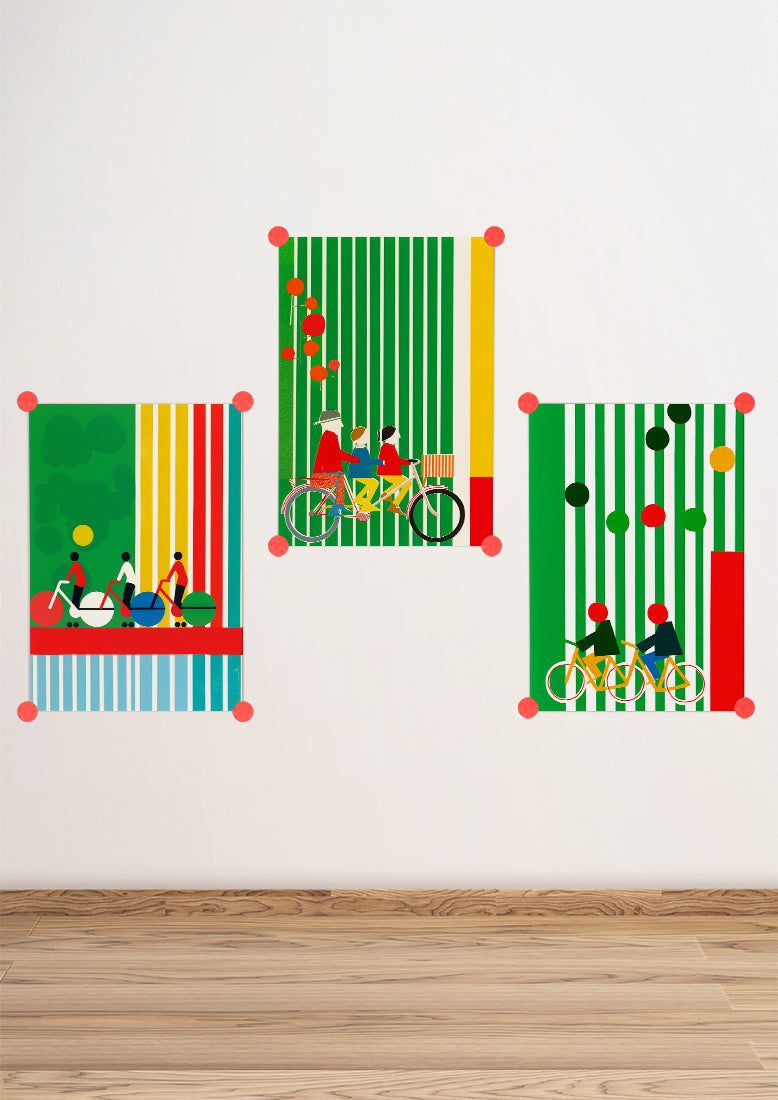 Affiche déco chambre bébé enfant - Vélo famille bande C - vert rouge