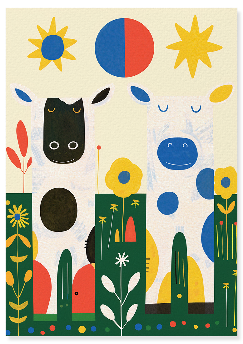 Affiche déco chambre bébé enfant - Vache portrait herbe A - vert jaune