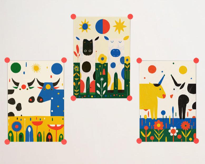 Affiche déco chambre bébé enfant - Vache portrait herbe A - vert jaune