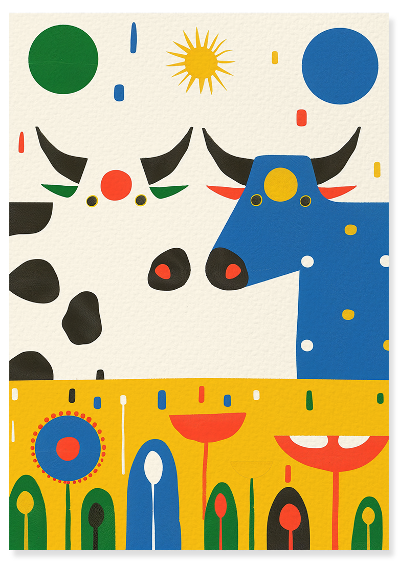 Affiche déco chambre bébé enfant - Vache portrait herbe B - jaune bleu
