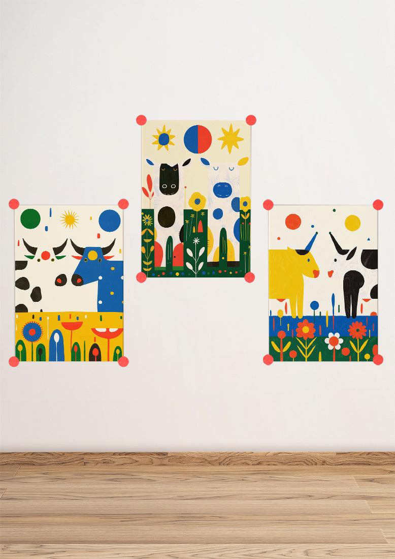 Affiche déco chambre bébé enfant - Vache portrait herbe C - jaune bleu