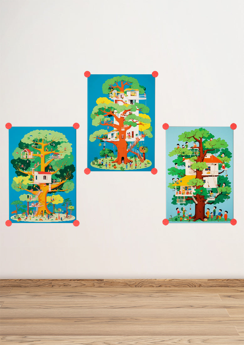 Affiche déco chambre bébé enfant - Arbre Maison - B - Bleu Vert