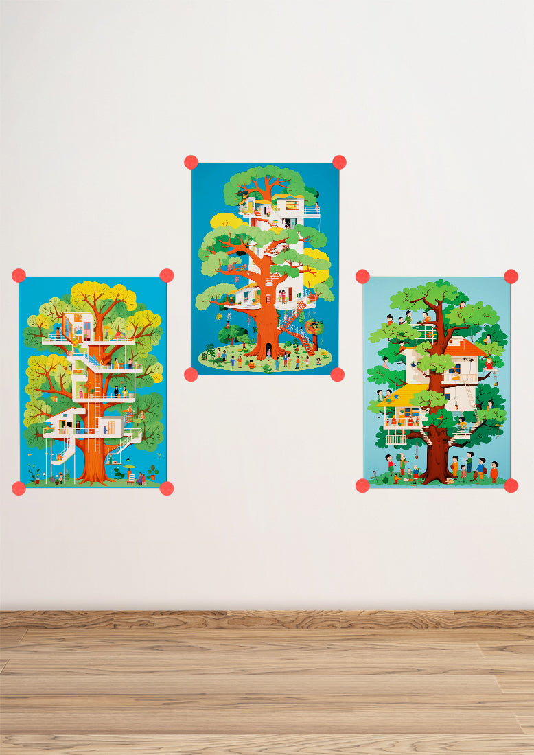 Affiche déco chambre bébé enfant - Arbre Maison - D - Bleu Vert