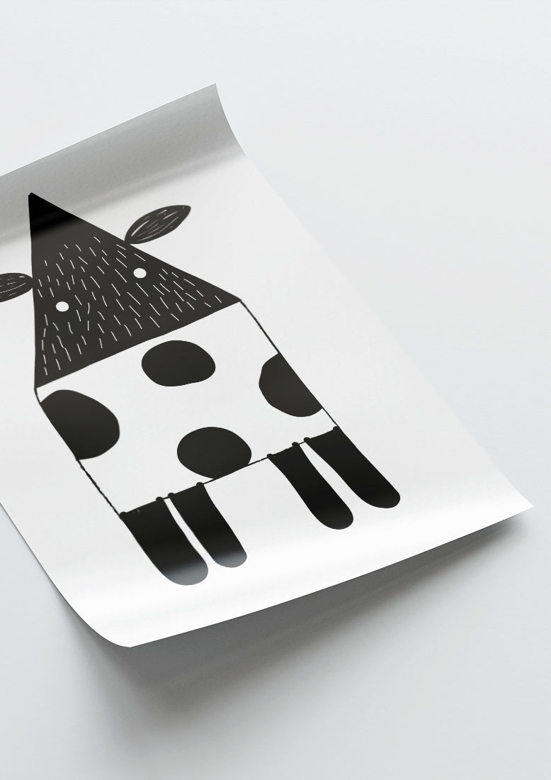 Affiche déco chambre bébé enfant - Vache Montessori A - Noir et Blanc