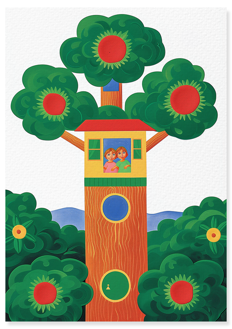 Affiche déco chambre bébé enfant - Cabane dans les arbres A - Vert Rouge