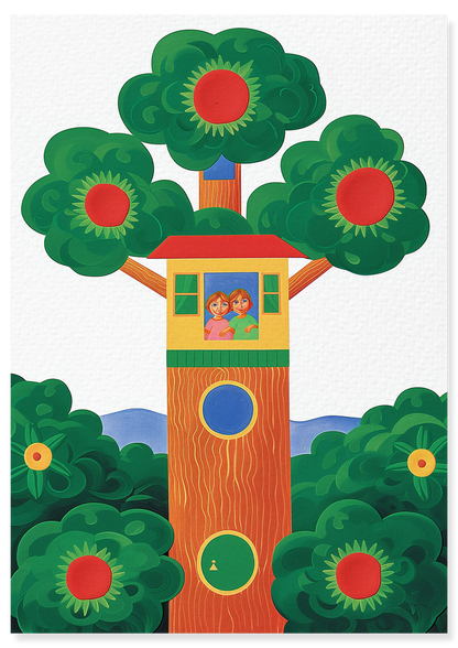 Affiche déco chambre bébé enfant - Cabane dans les arbres A - Vert Rouge