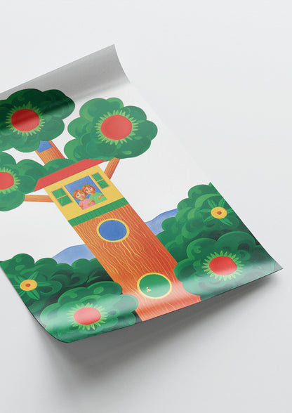 Affiche déco chambre bébé enfant - Cabane dans les arbres A - Vert Rouge