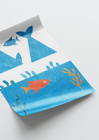 Affiche déco chambre bébé enfant - Poisson océan bleu H - Bleu orange