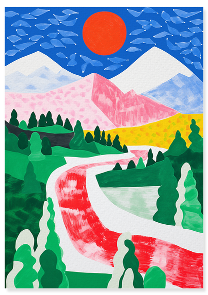 Affiche déco chambre bébé enfant - Paysage montagne A - Vert Rouge