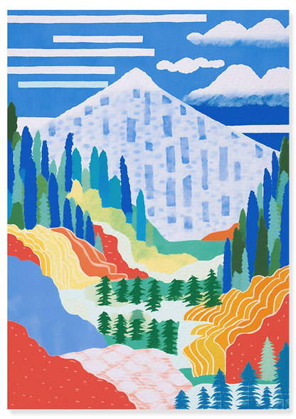 Affiche déco chambre bébé enfant - Paysage montagne F - Bleu Jaune