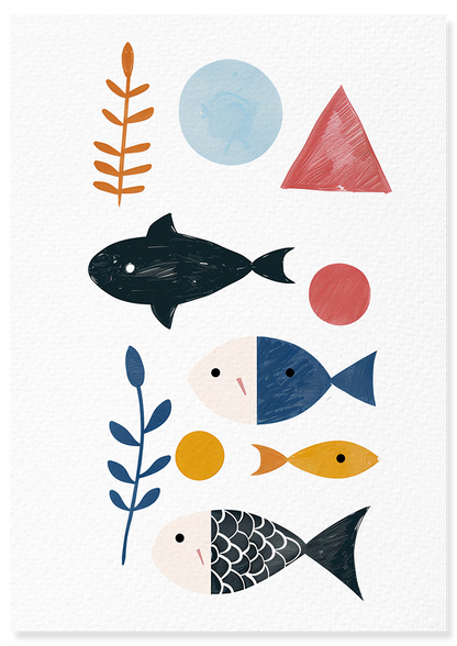 Affiche déco chambre bébé enfant - Poisson composition B - Bleu rose