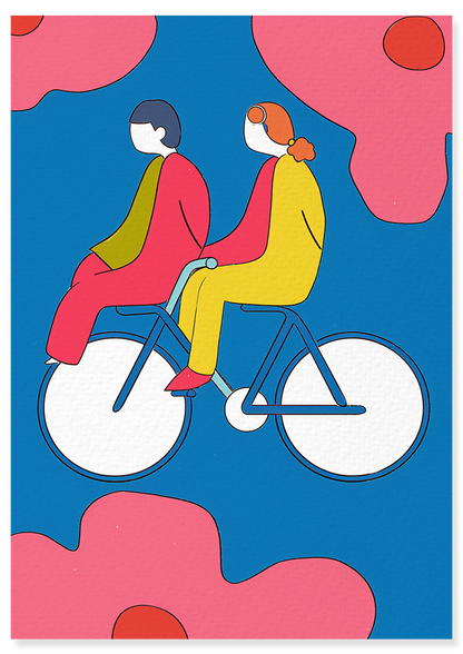Affiche déco chambre bébé enfant - Vélo Famille A - Bleu Rose