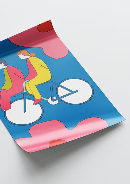 Affiche déco chambre bébé enfant - Vélo Famille A - Bleu Rose