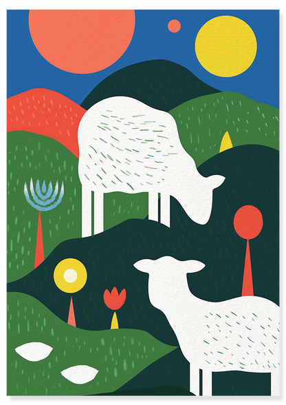 Affiche déco chambre bébé enfant - Mouton Paysage A géométrie - Vert Beige