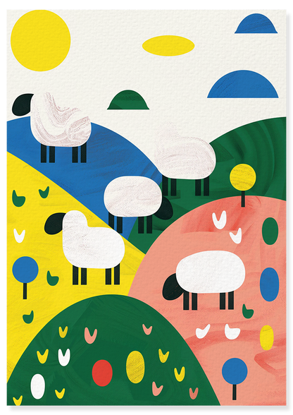 Affiche déco chambre bébé enfant - Mouton Paysage C géométrie - Vert Beige