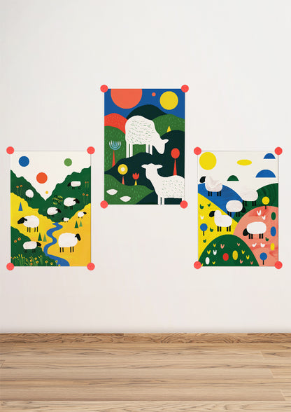 Affiche déco chambre bébé enfant - Mouton Paysage C géométrie - Vert Beige