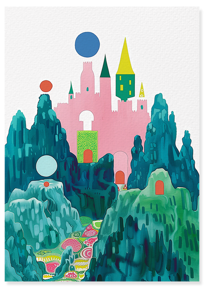 Affiche déco chambre bébé enfant - Château fort B - rose vert