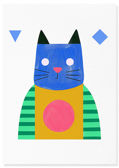 Affiche déco chambre bébé enfant - Portrait Animaux Rose géométrie B - bleu jaune