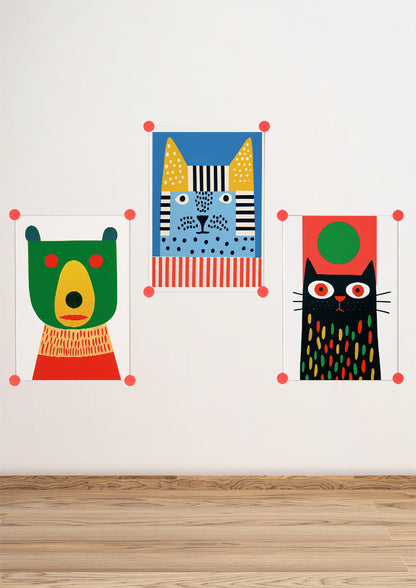 Affiche déco chambre bébé enfant - Portrait Animaux bicolor géométrie C - rouge vert