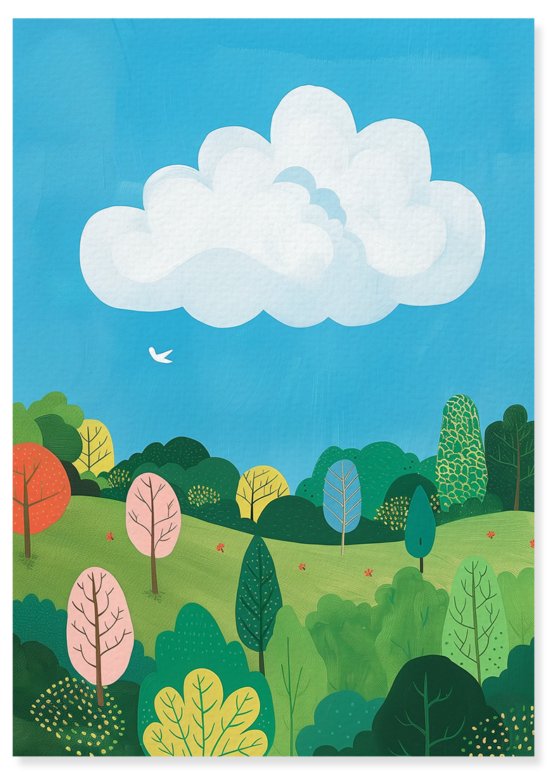 Affiche déco chambre bébé enfant - Nuage paysage B - bleu vert