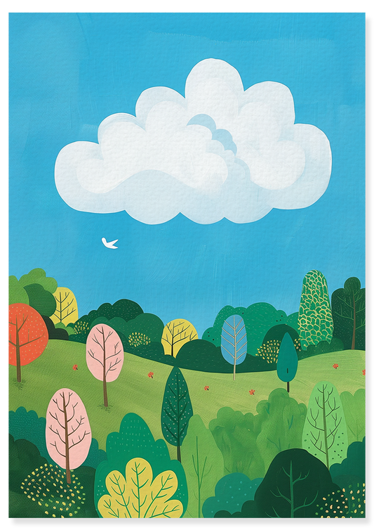 Affiche déco chambre bébé enfant - Nuage paysage B - bleu vert