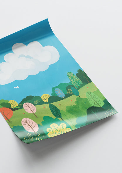 Affiche déco chambre bébé enfant - Nuage paysage B - bleu vert