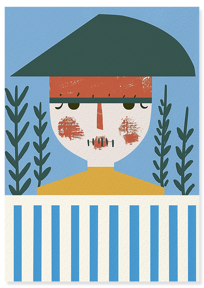 Affiche déco chambre bébé enfant - Portrait pirate bleu A géométrie - bleu jaune