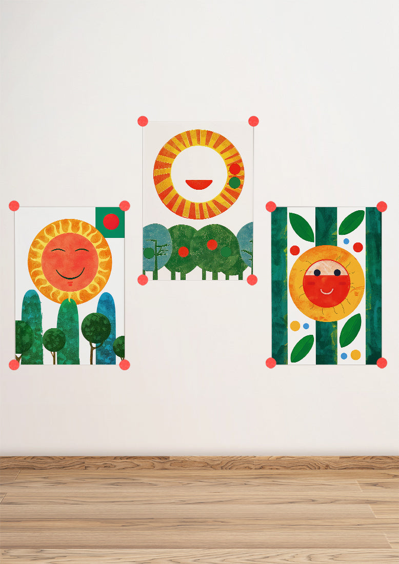 Affiche déco chambre bébé enfant - Happy soleil A géométrie - rouge vert