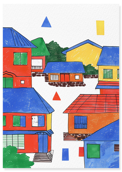 Affiche déco chambre bébé enfant - Japon primaire A géométrie - bleu rouge