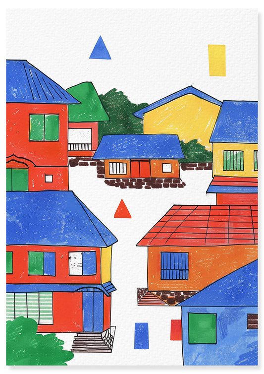 Affiche déco chambre bébé enfant - Japon primaire A géométrie - bleu rouge