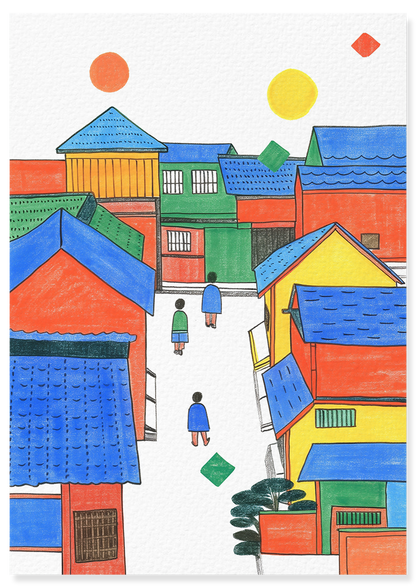 Affiche déco chambre bébé enfant - Japon primaire B géométrie - bleu rouge