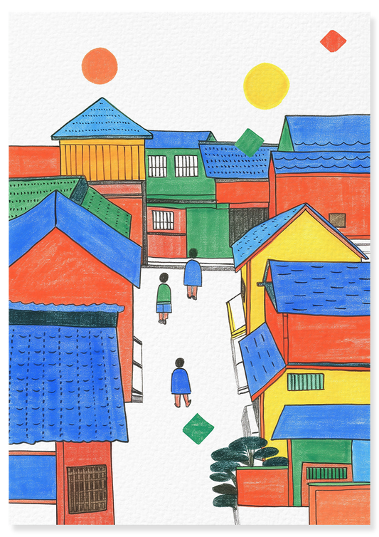 Affiche déco chambre bébé enfant - Japon primaire B géométrie - bleu rouge
