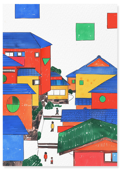 Affiche déco chambre bébé enfant - Japon primaire C géométrie - bleu rouge