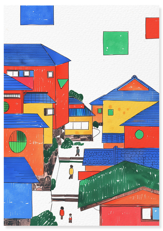 Affiche déco chambre bébé enfant - Japon primaire C géométrie - bleu rouge