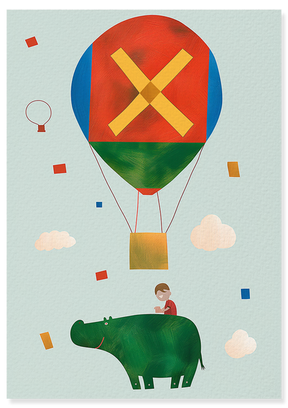 Affiche déco chambre bébé enfant - Hippopotame A géométrie - rouge vert