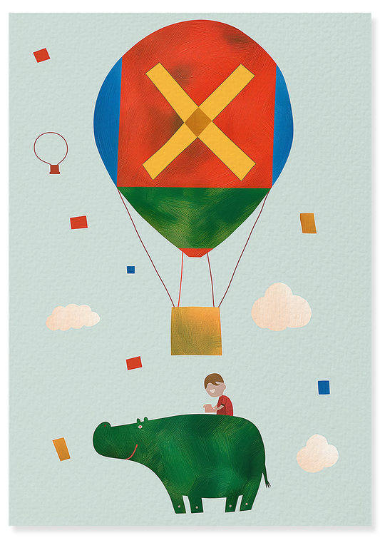 Affiche déco chambre bébé enfant - Hippopotame A géométrie - rouge vert