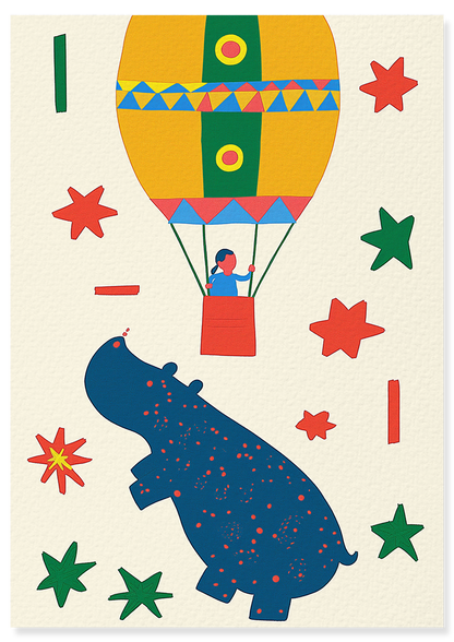 Affiche déco chambre bébé enfant - Hippopotame C géométrie - jaune bleu